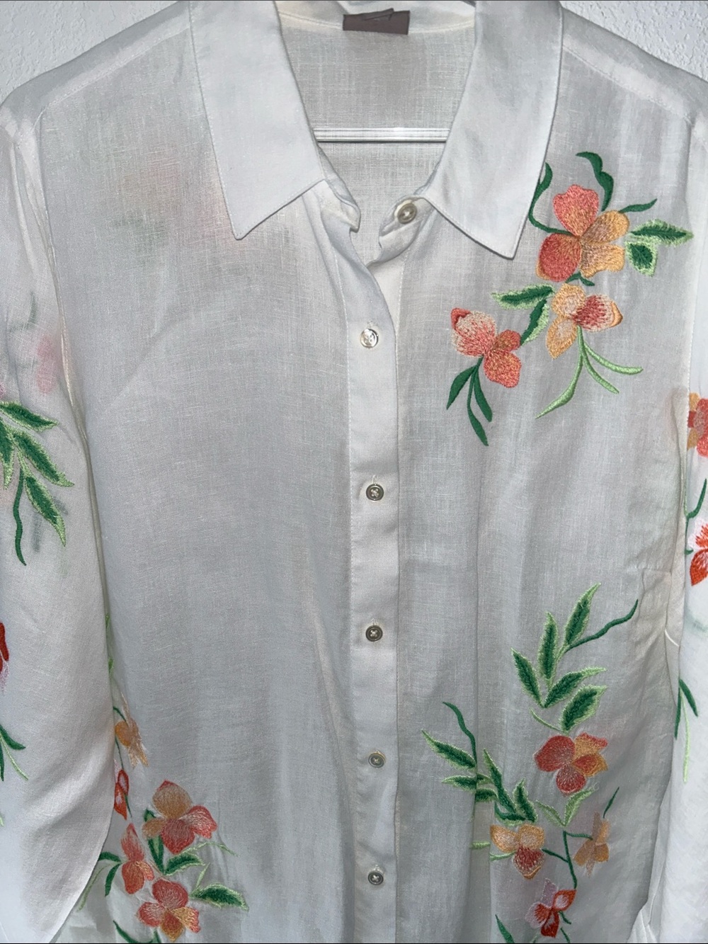 J. Jill Linen White Embroidered Flowers Leaves LS Button-Down Shirt Plus 1X EUC